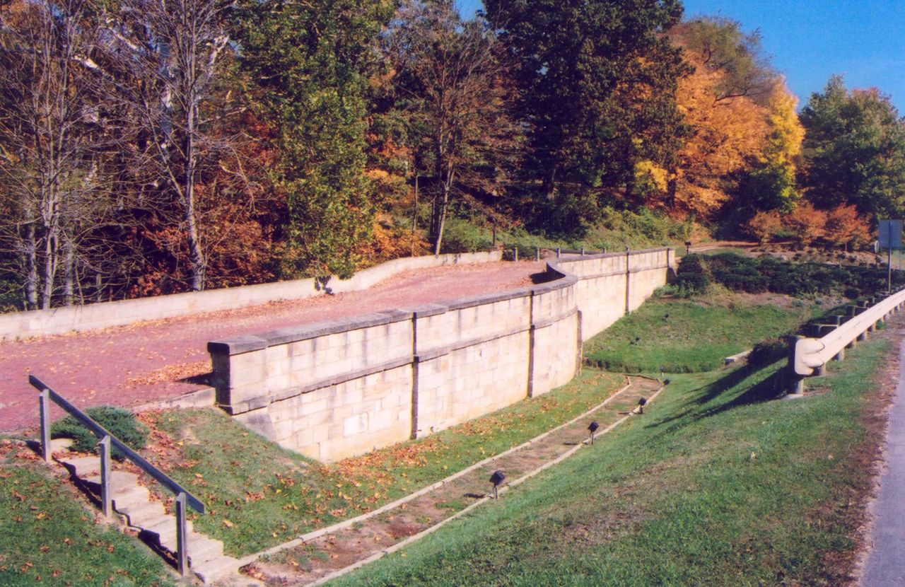 The Fox Run S-Bridge has been resurfaced with red bricks. It represents an original portion of the Historic National Road.